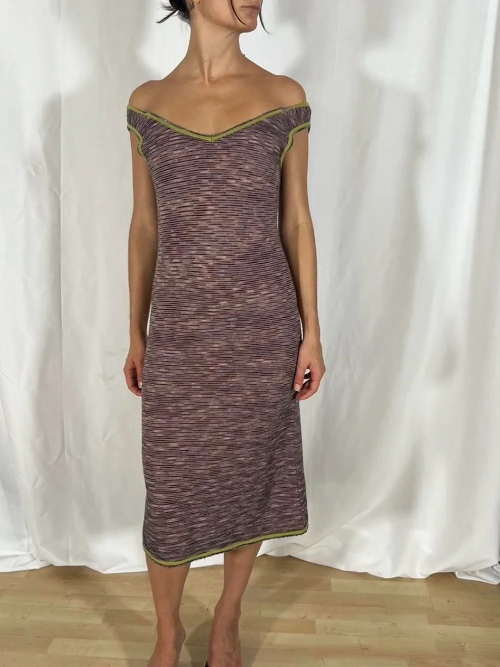 Missoni Off-Shoulder Space-Dye Midi Dress in Purple with Olive Trim - Picture 5 of 7
